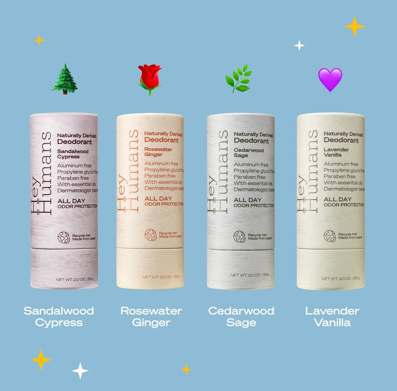 Hey Humans deodorant scent varieties: Sandalwood Cypress, Rosewater Ginger, Cedarwood Sage, and Lavender Vanilla