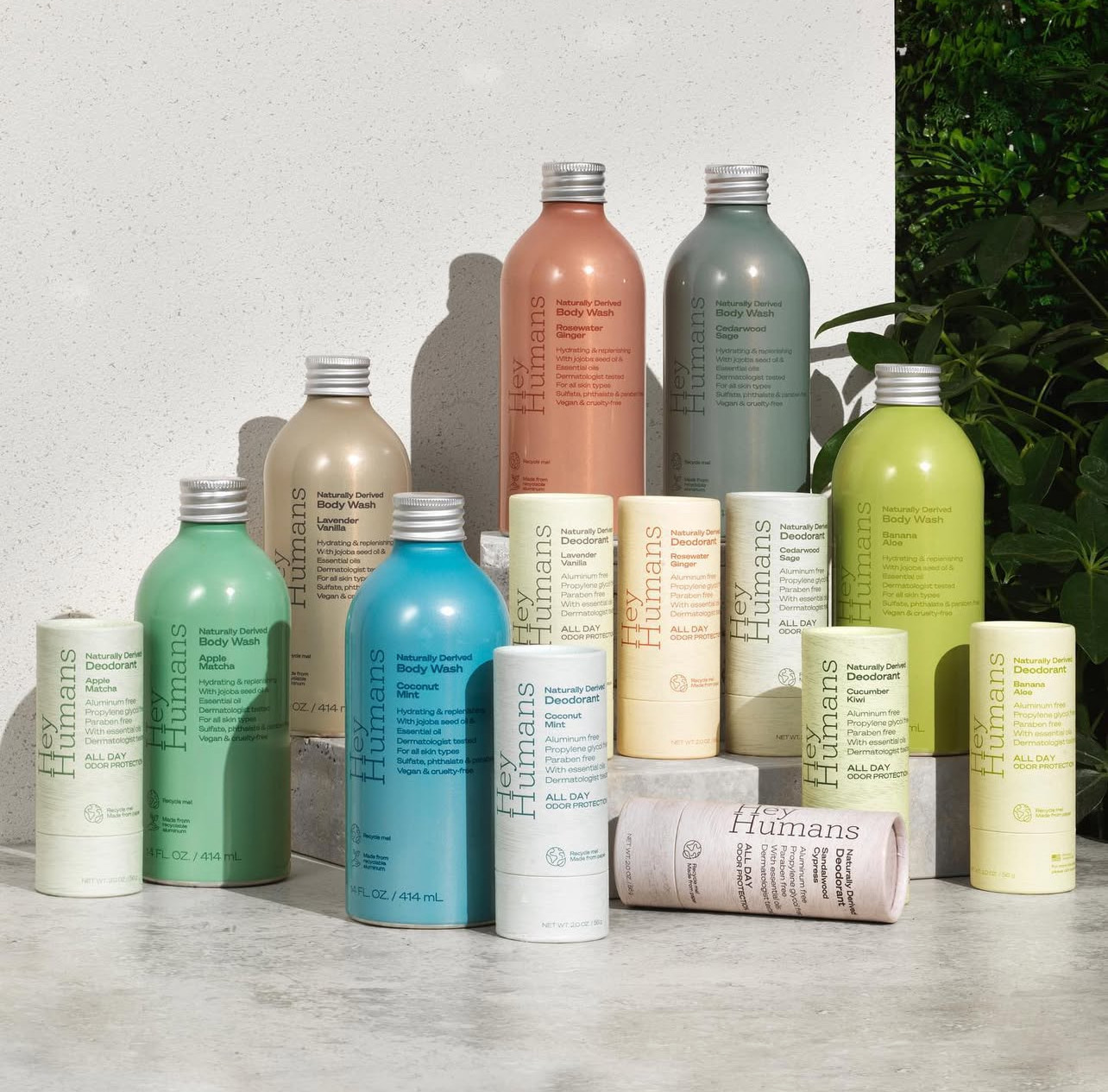 Complete Hey Humans product line including deodorants and body washes